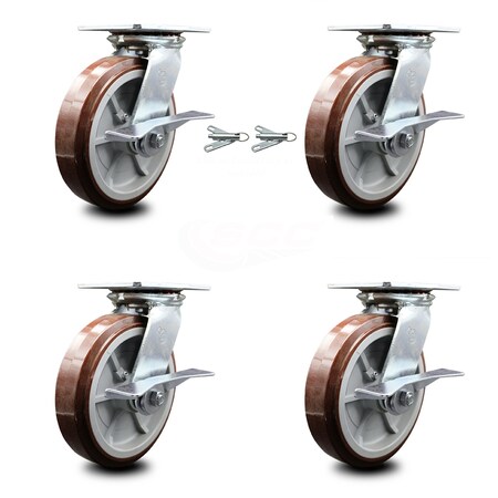 Service Caster 8 Inch Polyurethane Caster Set with Ball Bearing 4 Brake and 2 Swivel Lock SCC SCC-35S820-PPUB-SLB-BSL-2-SLB-2